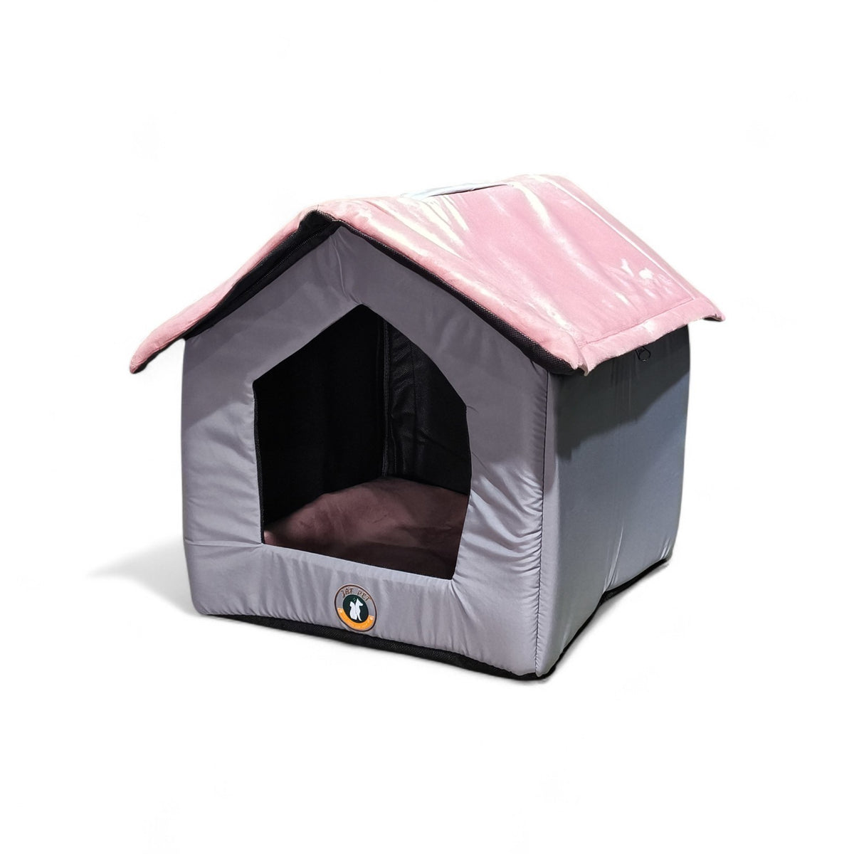 Maroc-animalerie grey pet house with pink roof and plush interior, shaped like a miniature home.