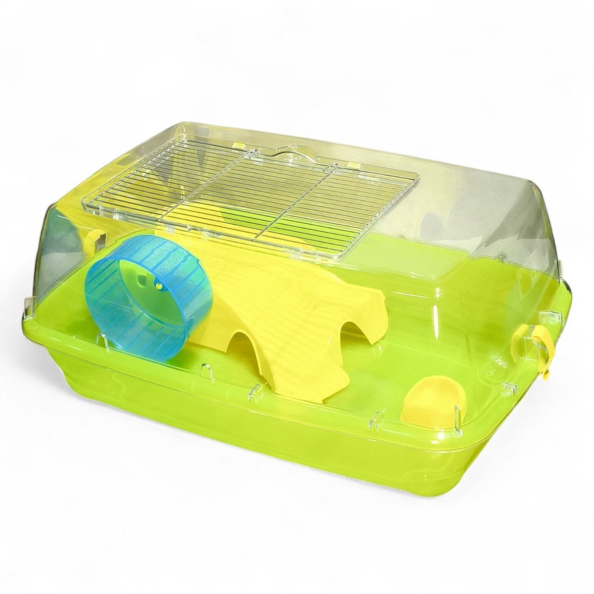 Maroc-animalerie lime green and clear plastic hamster cage with blue wheel and yellow tunnel.