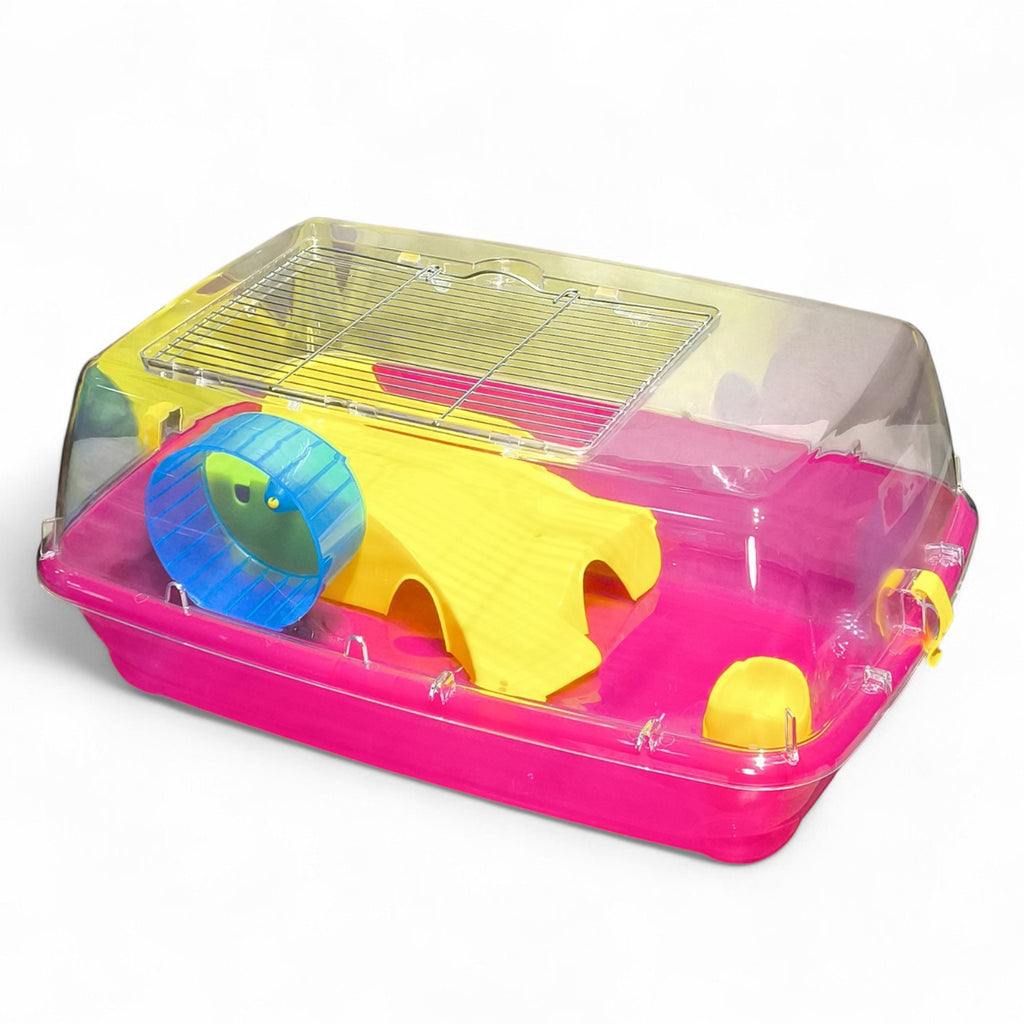 Maroc-animalerie pink and clear plastic hamster cage with blue wheel and yellow tunnel.