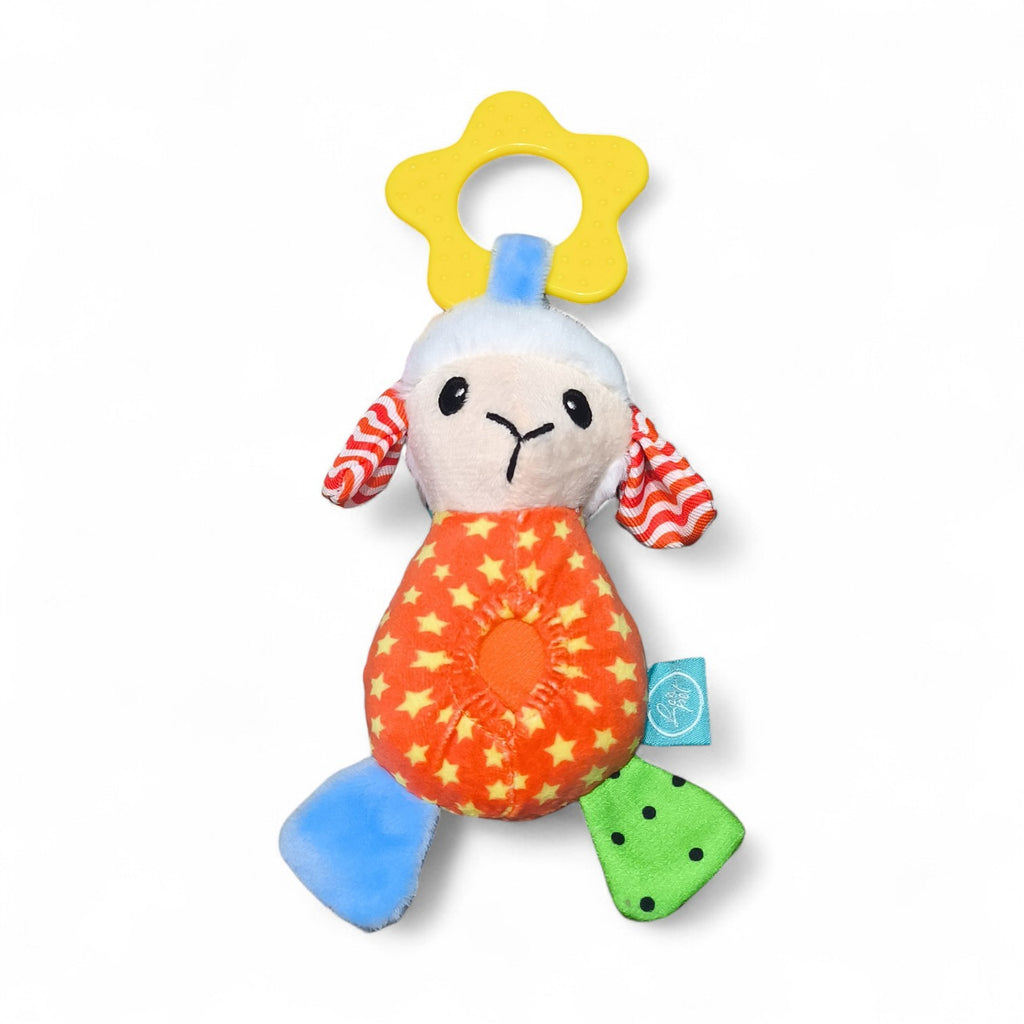 Maroc-animalerie plush lamb rattle and teether toy with orange star belly, red striped ears, blue and green feet.