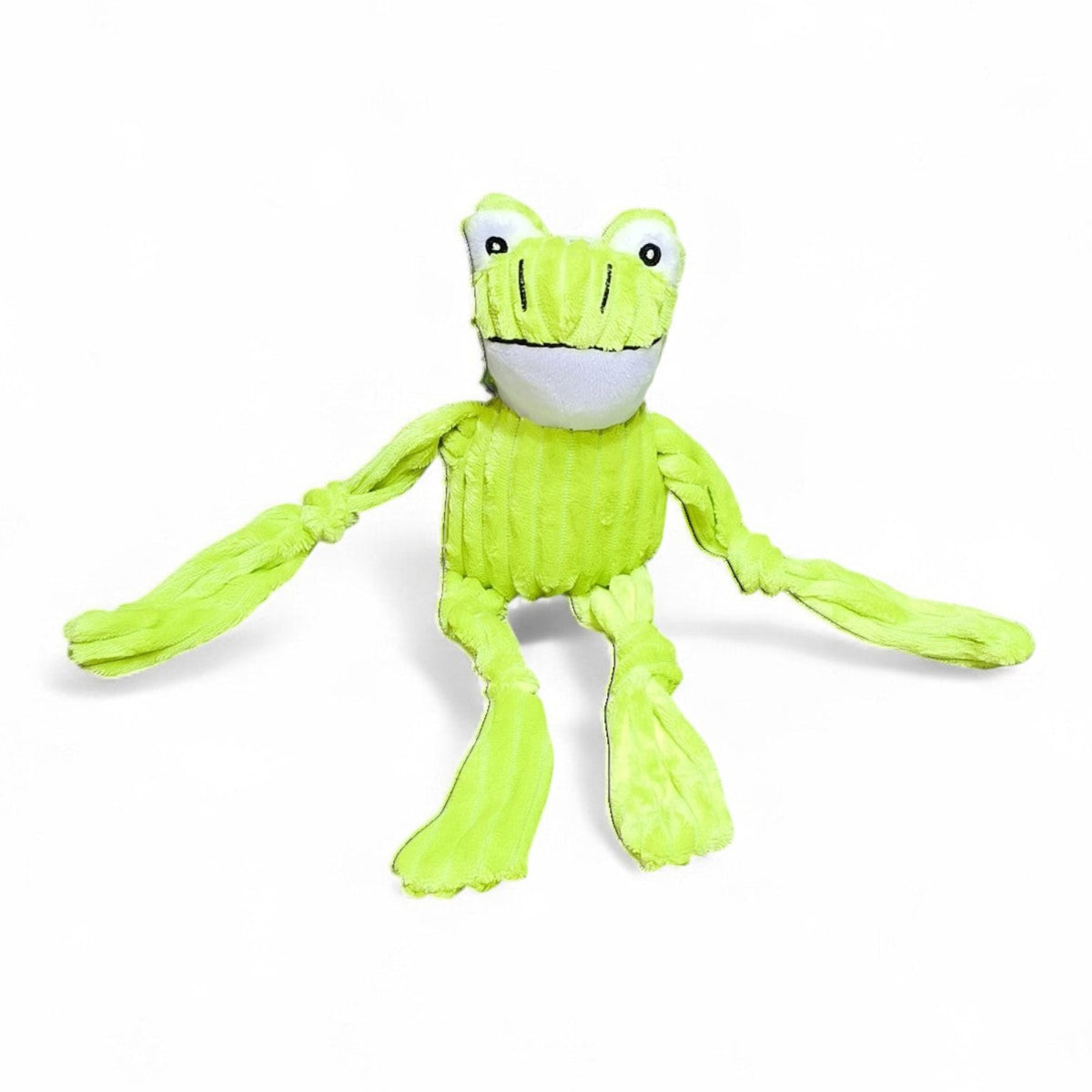 Maroc-animalerie lime green plush frog dog toy with squeaker and floppy limbs for tugging.