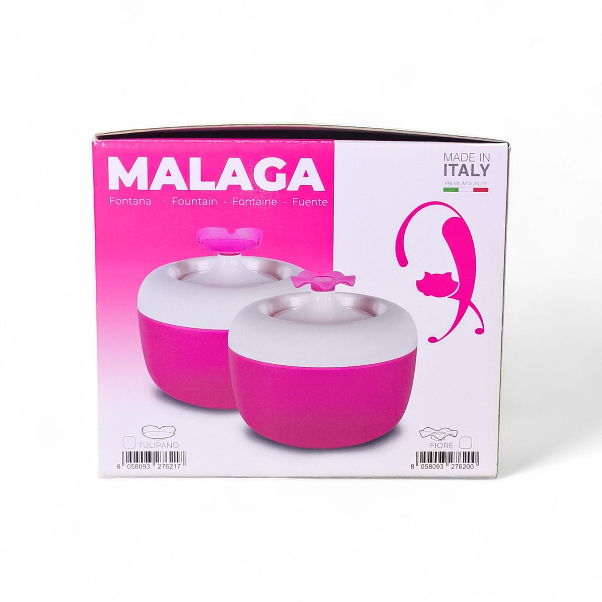 Maroc-animalerie Malaga pink and white pet fountain, made in Italy, promotes hydration with gentle water flow.