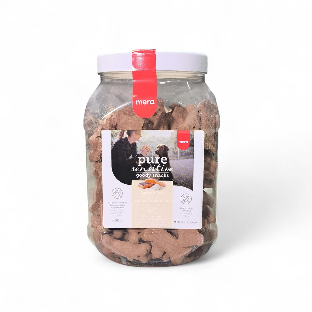 maroc-animalerie Mera Pure Sensitive Goody Snacks for dogs, salmon and rice, gluten-free, 600g jar.