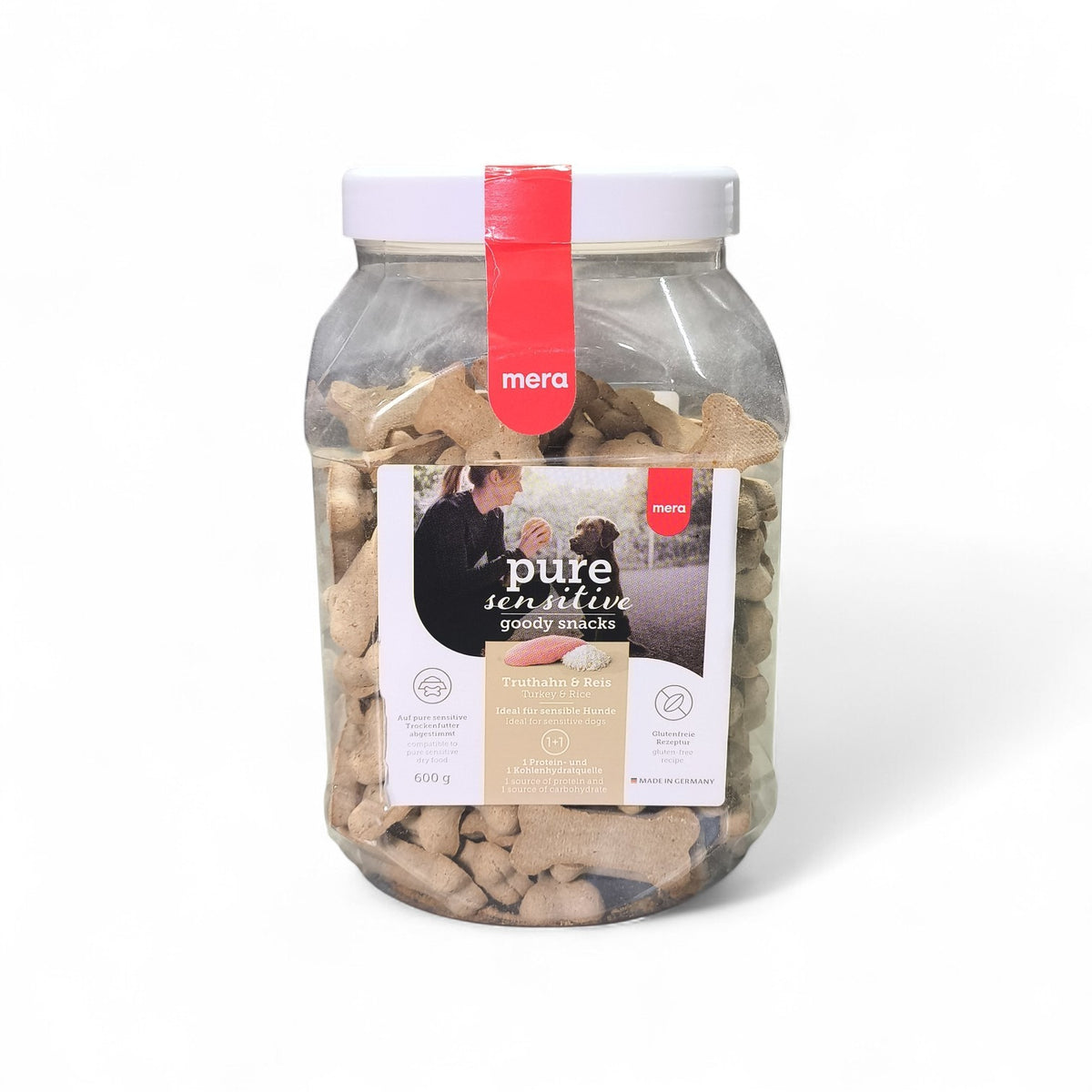maroc-animalerie Mera Pure Sensitive Goody Snacks for dogs, turkey and rice, gluten-free, bone-shaped biscuits for sensitive stomachs.