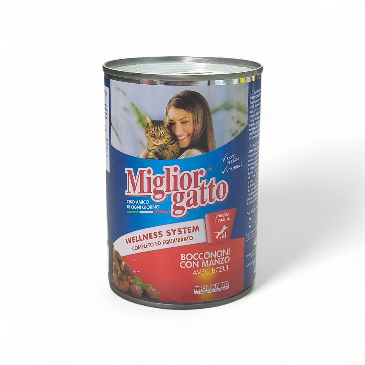 Maroc-animalerie Miglior Gatto Wellness System wet cat food with beef chunks in sauce, enriched with vitamins for energy and vitality.