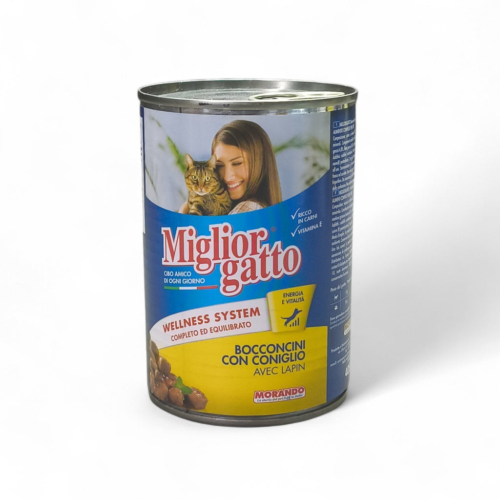 Maroc-animalerie Miglior Gatto Wellness System cat food can with rabbit, enriched with Vitamin E for energy and vitality.