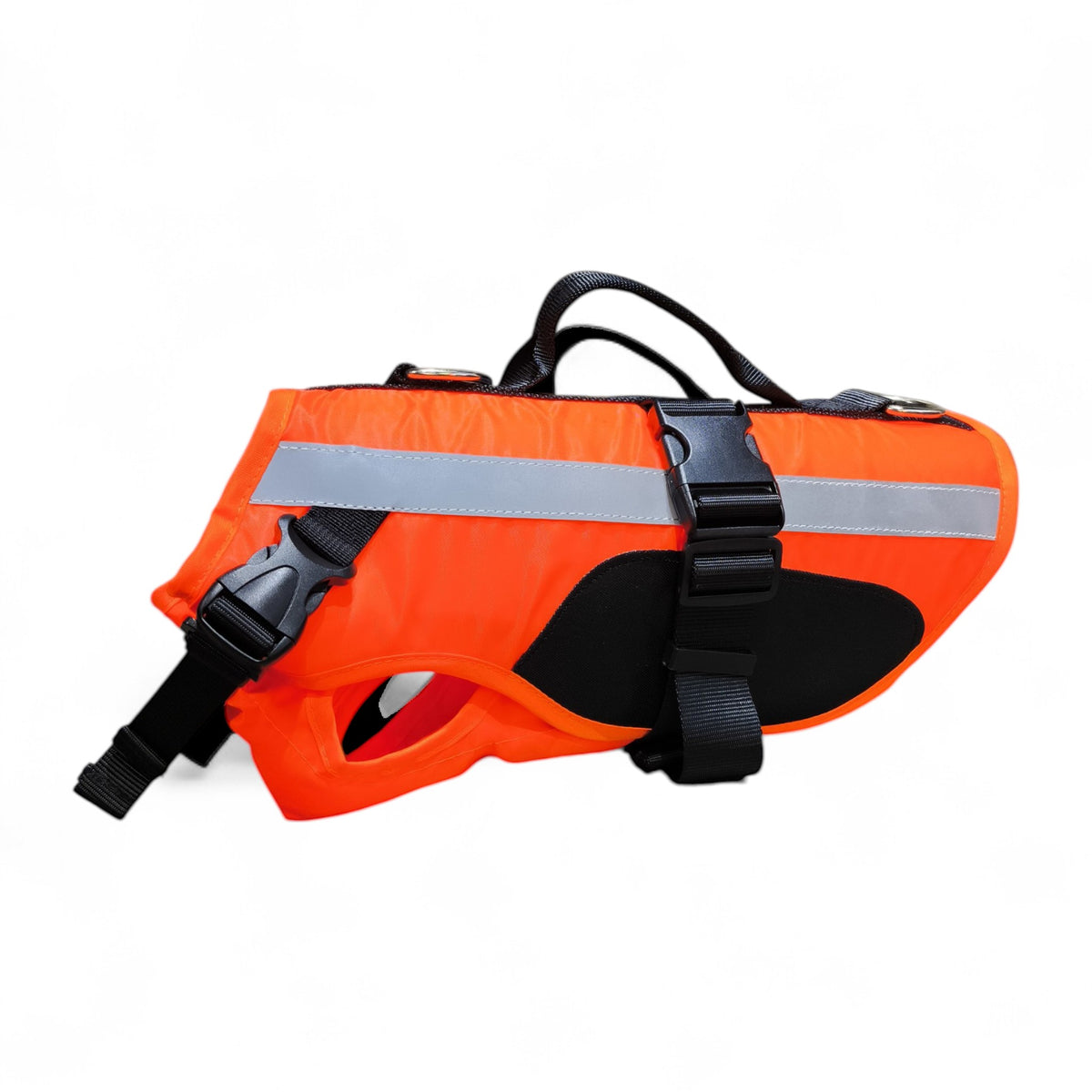 Maroc-animalerie bright orange dog life vest with adjustable straps, reflective accents, and a top handle for safety and visibility.