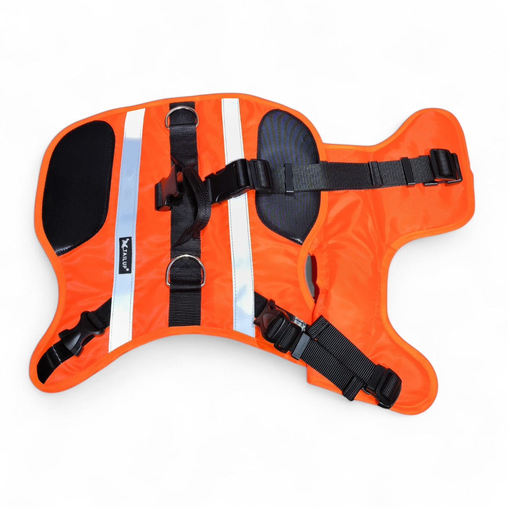 Maroc-animalerie bright orange dog life vest with adjustable straps, reflective accents, and a top handle for safety and buoyancy.