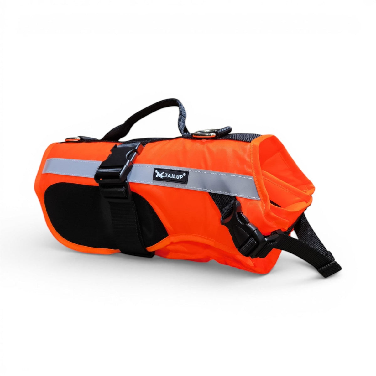 Maroc-animalerie bright orange dog life vest with reflective accents and a sturdy top handle for safety and buoyancy.
