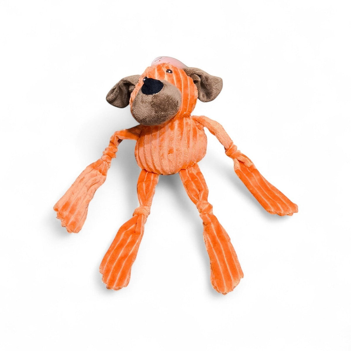 Maroc-animalerie orange plush dog toy with long floppy limbs and squeaker. Corduroy-like fabric.