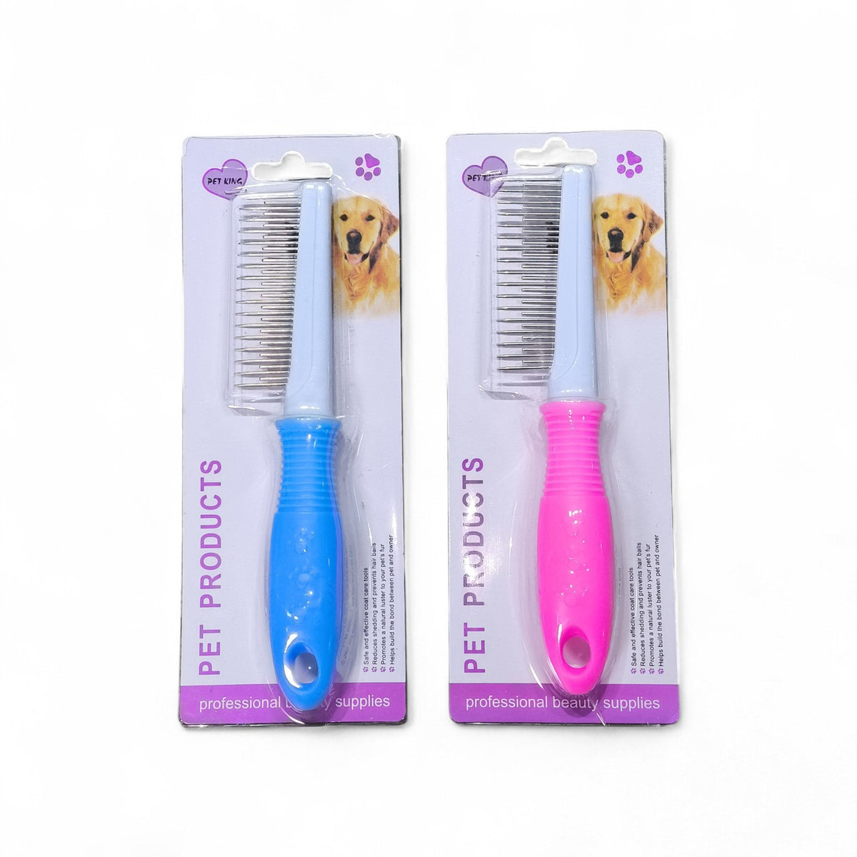 maroc-animalerie blue and pink dual-action pet grooming comb for shedding and mats