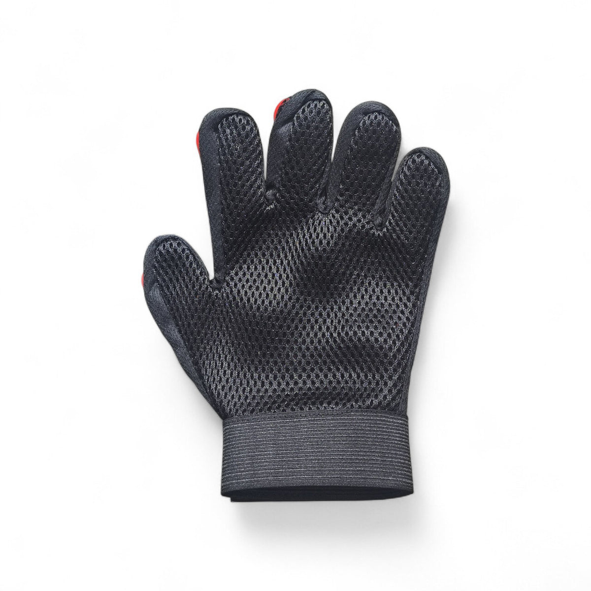 Maroc-Animalerie black mesh pet grooming glove with rubber tips and adjustable strap for shedding hair removal.