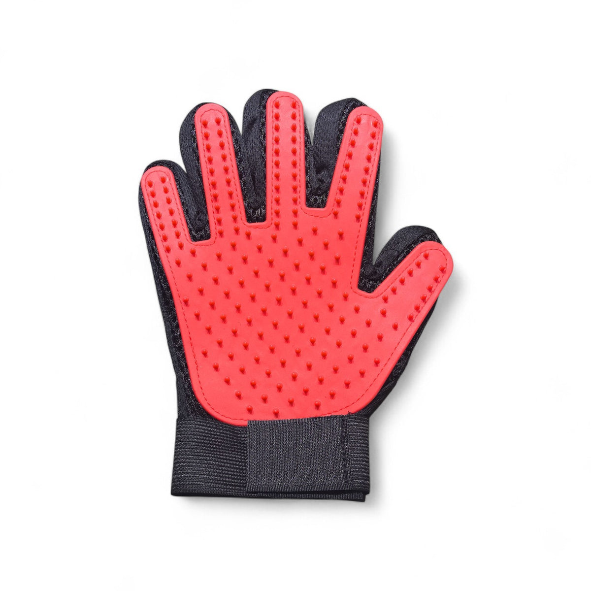 Maroc-animalerie red and black pet grooming glove with rubber tips for hair removal and massage. Adjustable strap.