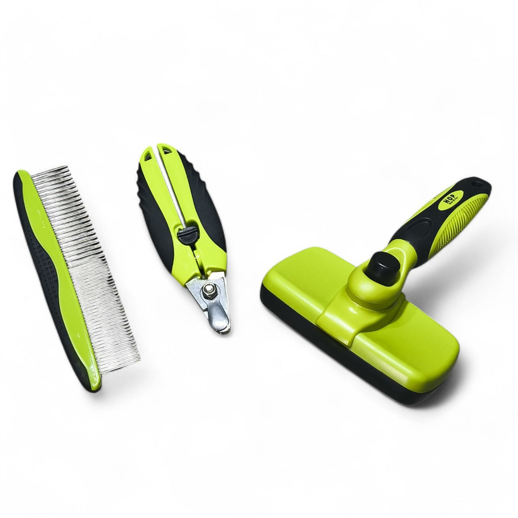 Maroc-animalerie pet grooming tool set with slicker brush, comb, and nail clippers in lime green and black.