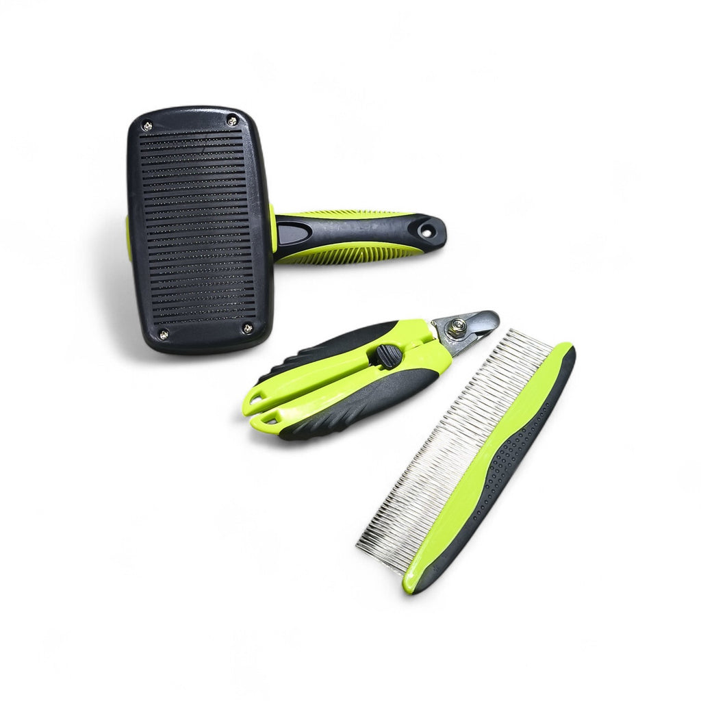 Maroc-animalerie pet grooming tool set with slicker brush, comb, and nail clippers. Black and lime green handles.