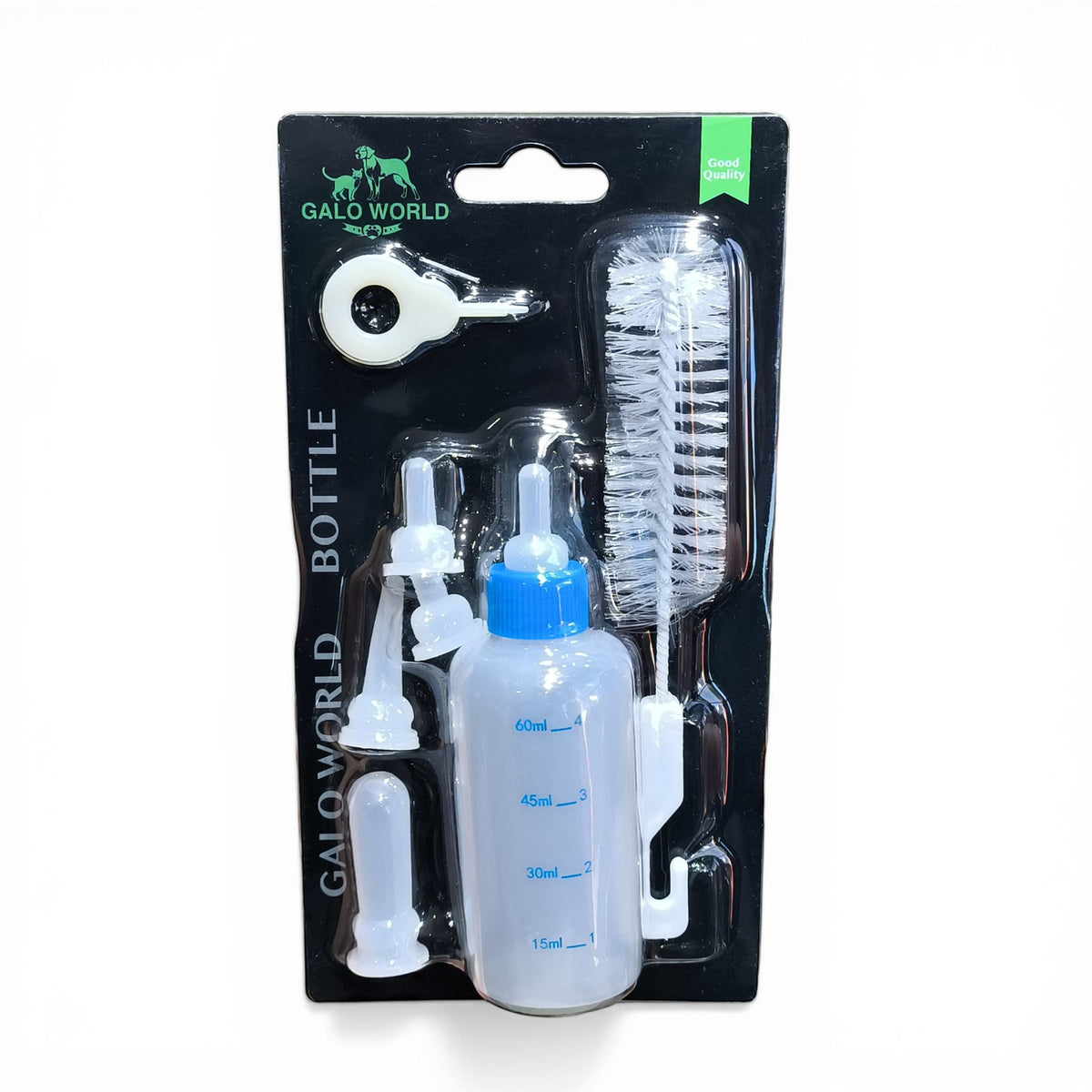 maroc-animalerie pet nursing bottle set with multiple nipples, cleaning brush, and bottle opener.