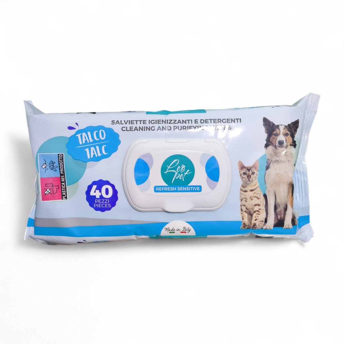 maroc-animalerie Pet Refresh Sensitive Cleaning Wipes with talc for dogs and cats, 40 individually wrapped pieces, made in Italy.