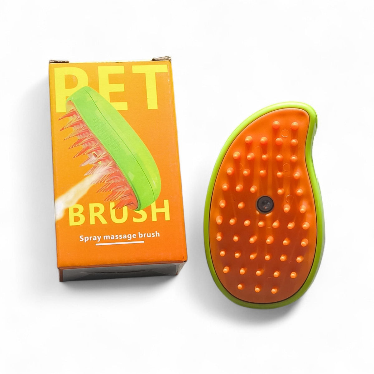 Maroc-animalerie green and orange pet spray massage brush with soft bristles for dogs and cats.