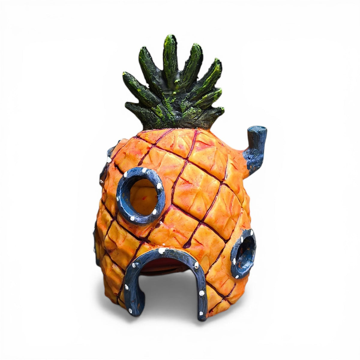 Maroc-animalerie decorative pineapple aquarium ornament, orange resin with green top, blue accents, and multiple openings.