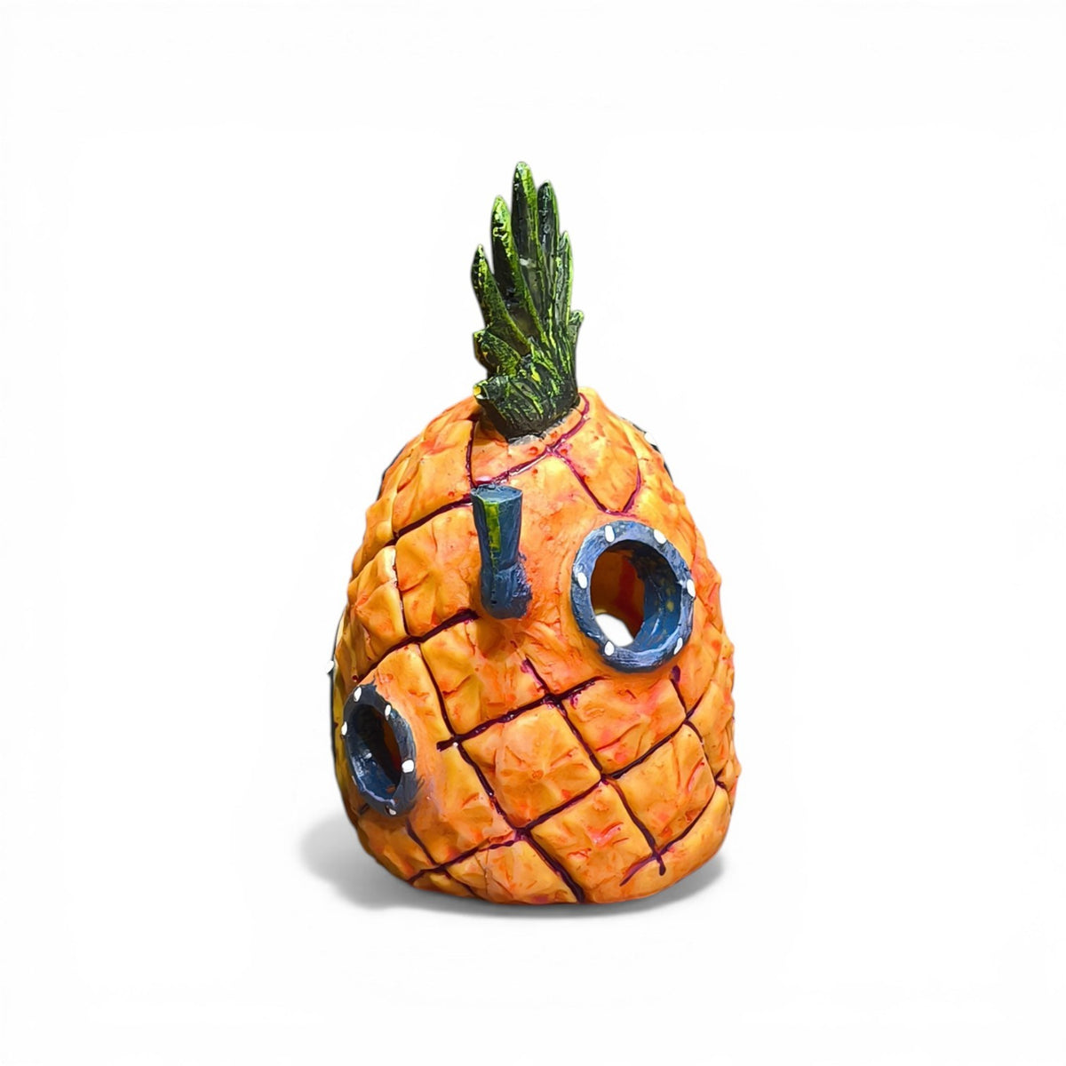 Maroc-animalerie decorative pineapple aquarium ornament, orange resin with green top, multiple openings for fish.