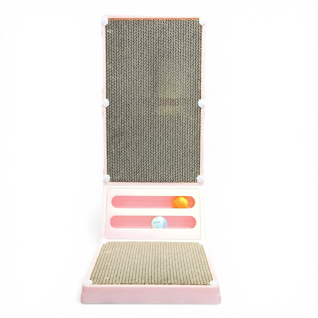 Maroc-animalerie pink corrugated cardboard cat scratcher with interactive balls and vertical/horizontal scratching surfaces.
