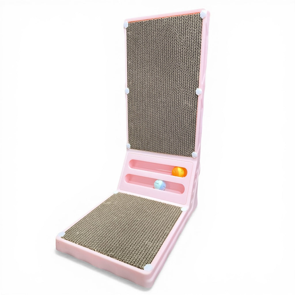 Maroc-animalerie pink corrugated cardboard cat scratcher with interactive balls and vertical/horizontal design.