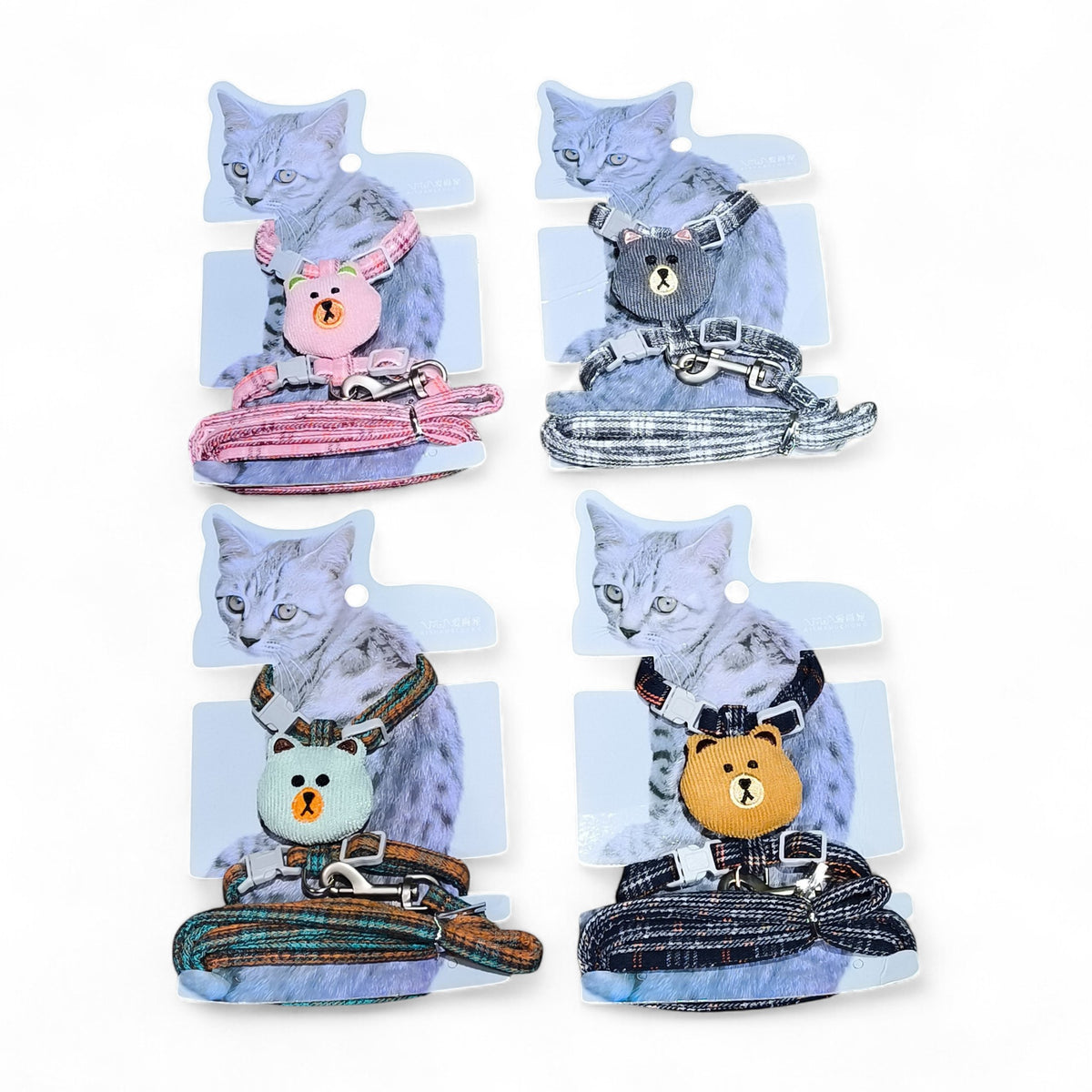 maroc-animalerie plaid cat harness and leash set with bear charm in pink, grey, green, and orange