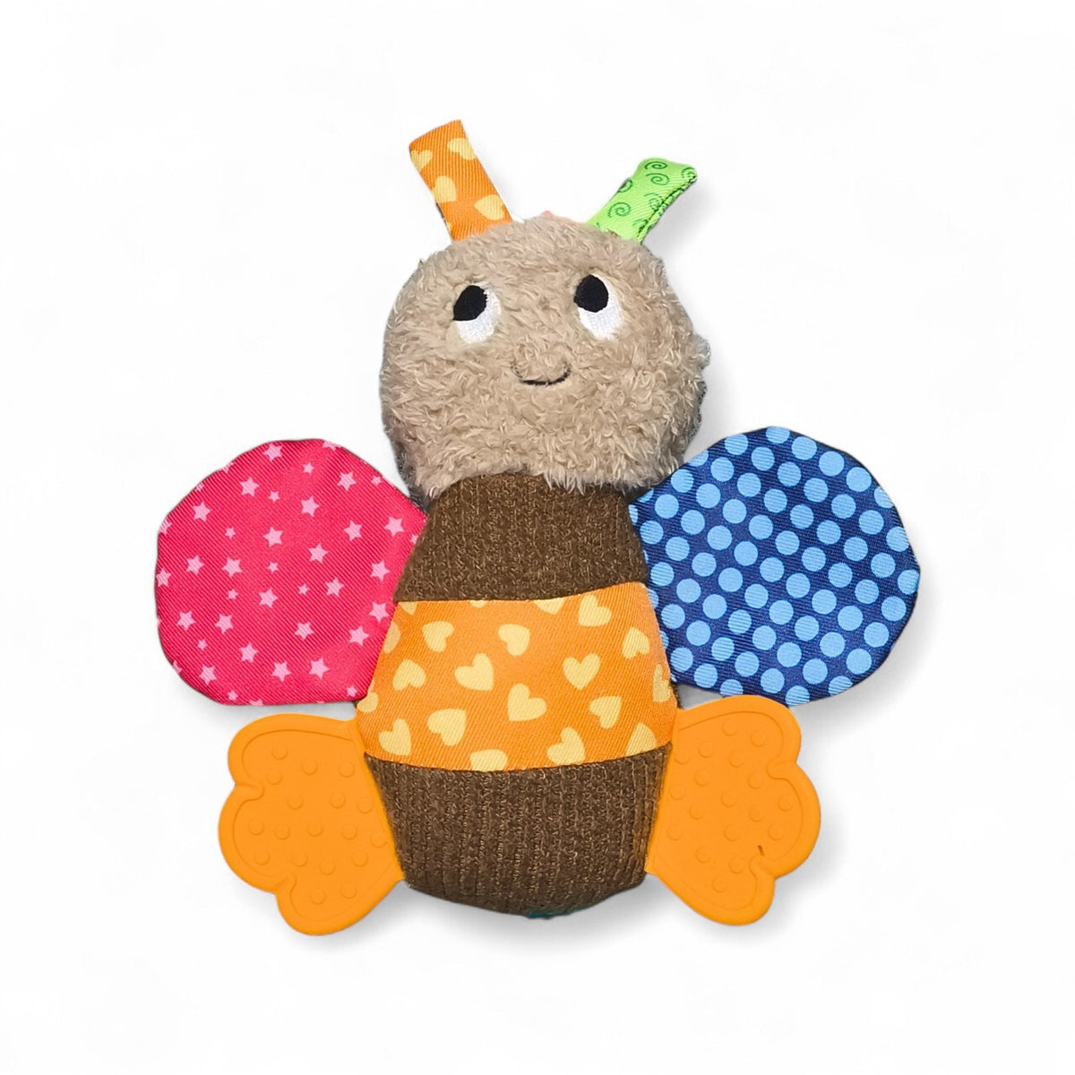 Maroc-animalerie plush bee toy with teether feet, colorful wings, and fuzzy body for sensory play.