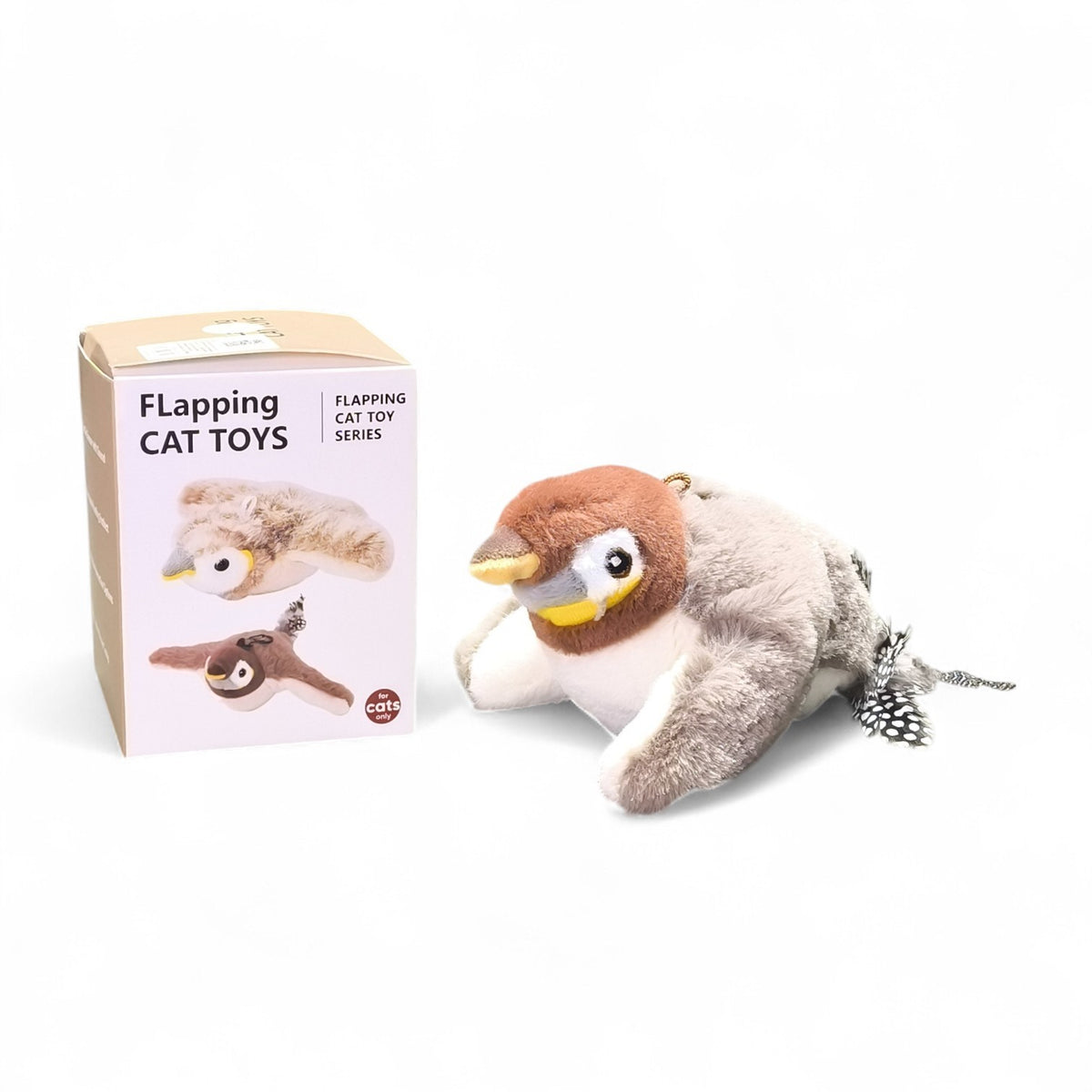 Maroc-animalerie plush bird cat toy with brown head, grey body, yellow beak, and feathered tail. Realistic design for batting and pouncing.
