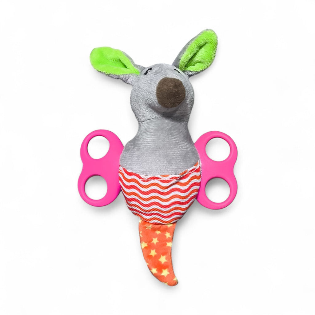 Maroc-animalerie grey plush kangaroo toy with green ears, orange star tail, and two pink loops for baby.