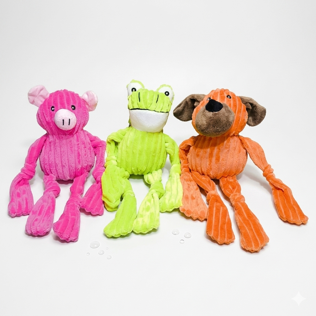 Jouet Peluche pour Chien en Velours Côtelé – Peluche Durable avec Squeaker Intégré et Longues Pattes, Idéal Mastication