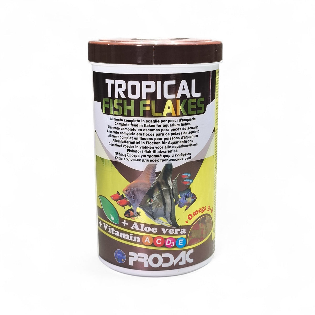 PRODAC Tropical Fish Flakes food enriched with Aloe Vera, Omega 3-6, and vitamins A, C, D3, E for aquarium fish.