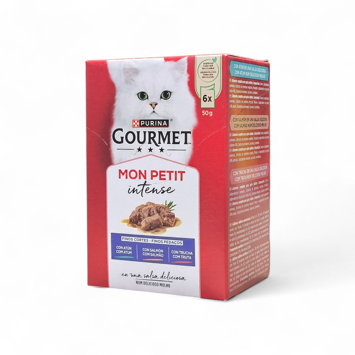 Maroc-animalerie Purina Gourmet Mon Petit Intense wet cat food, 50g pouches with fine cuts in sauce, available in tuna, salmon, and trout flavors.
