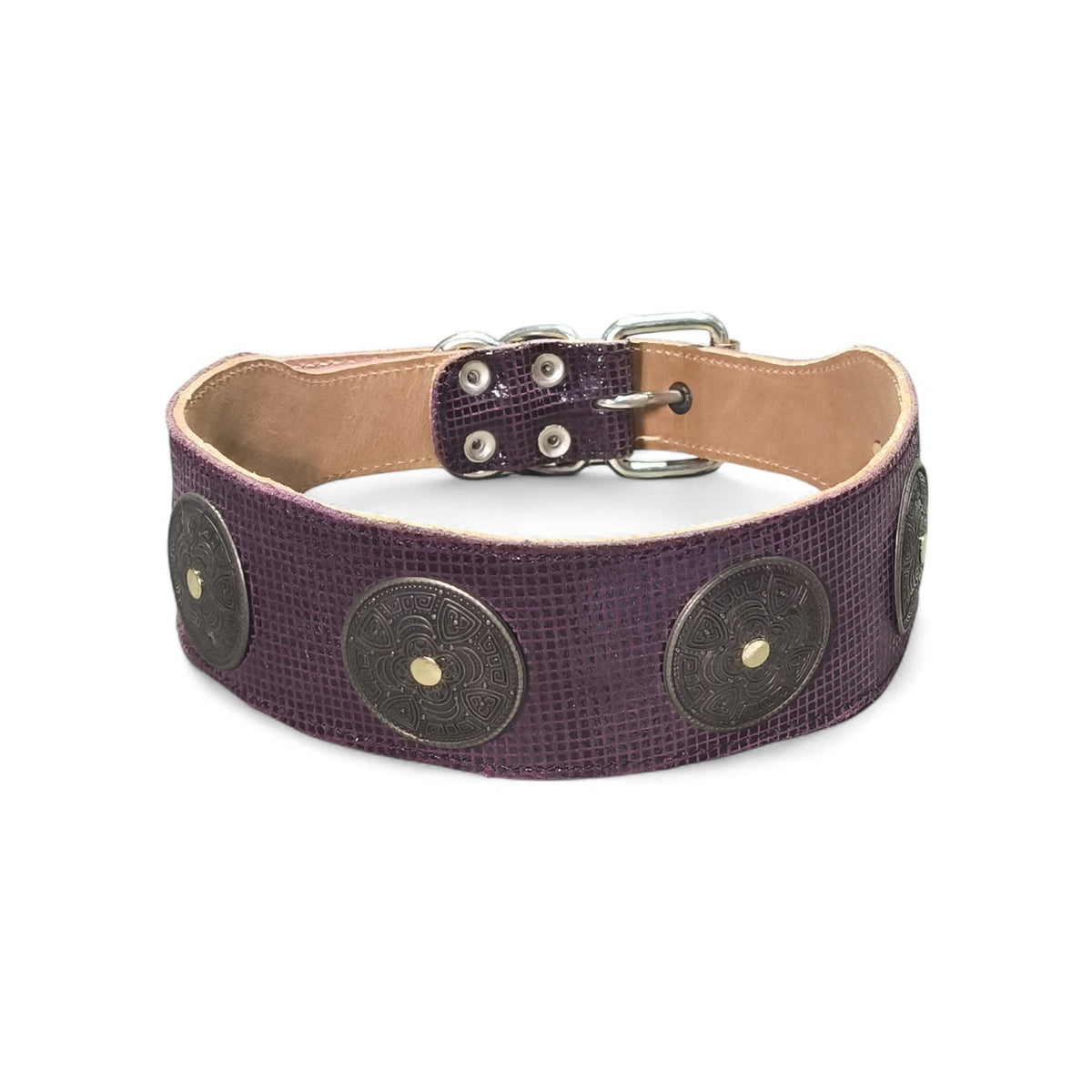 Maroc-Animalerie decorative purple leather dog collar with embossed metal medallions and adjustable buckle.