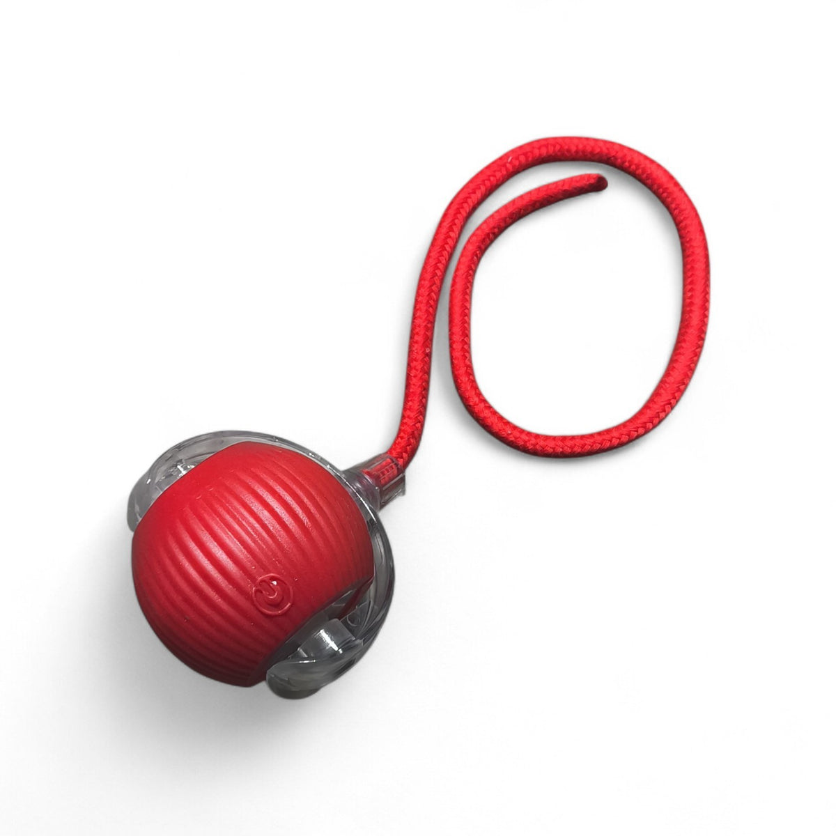 Maroc-animalerie red textured plastic interactive pet treat dispensing ball toy with clear gripping elements and red cord.