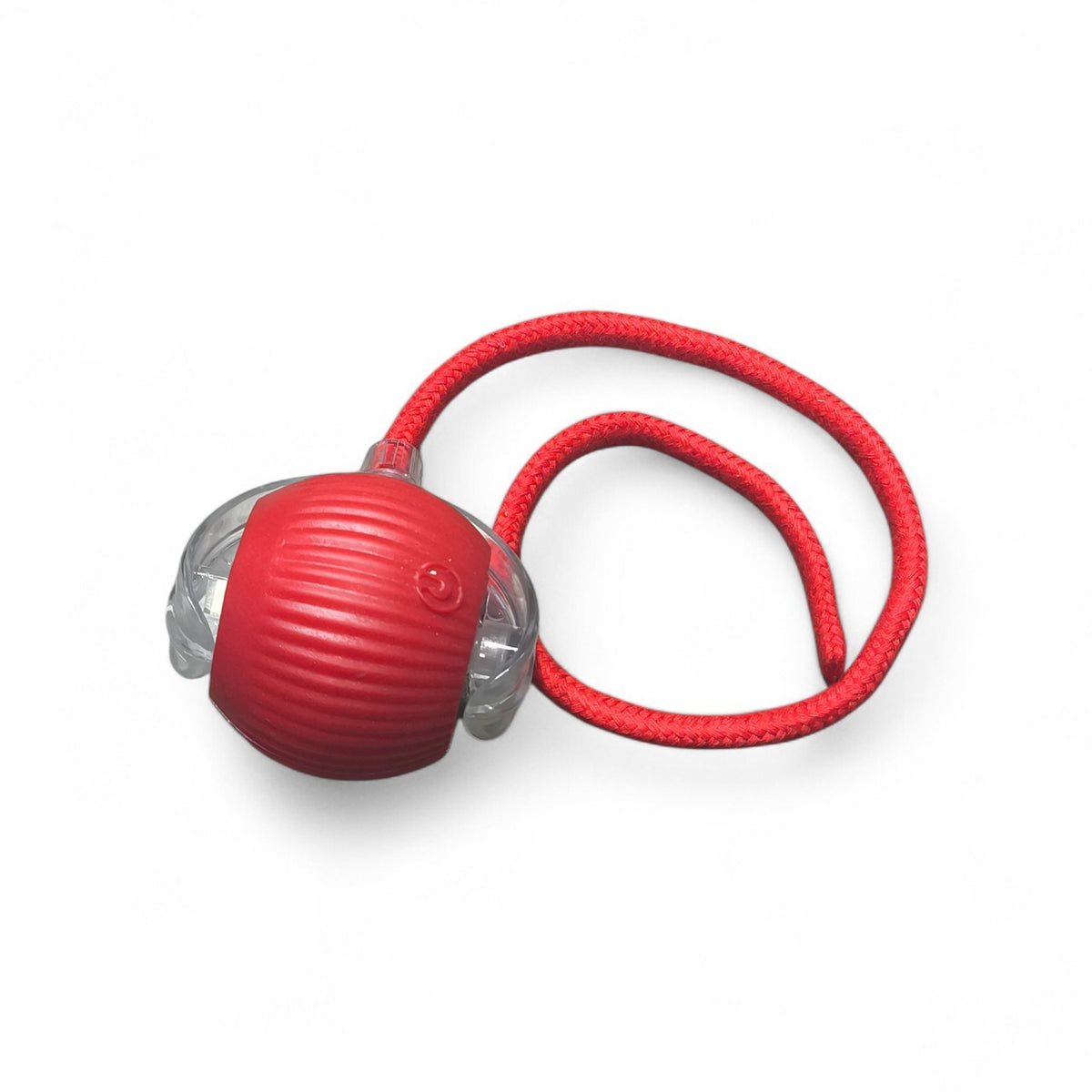 Maroc-animalerie red textured plastic interactive pet treat dispensing ball toy with clear gripping elements and red cord.