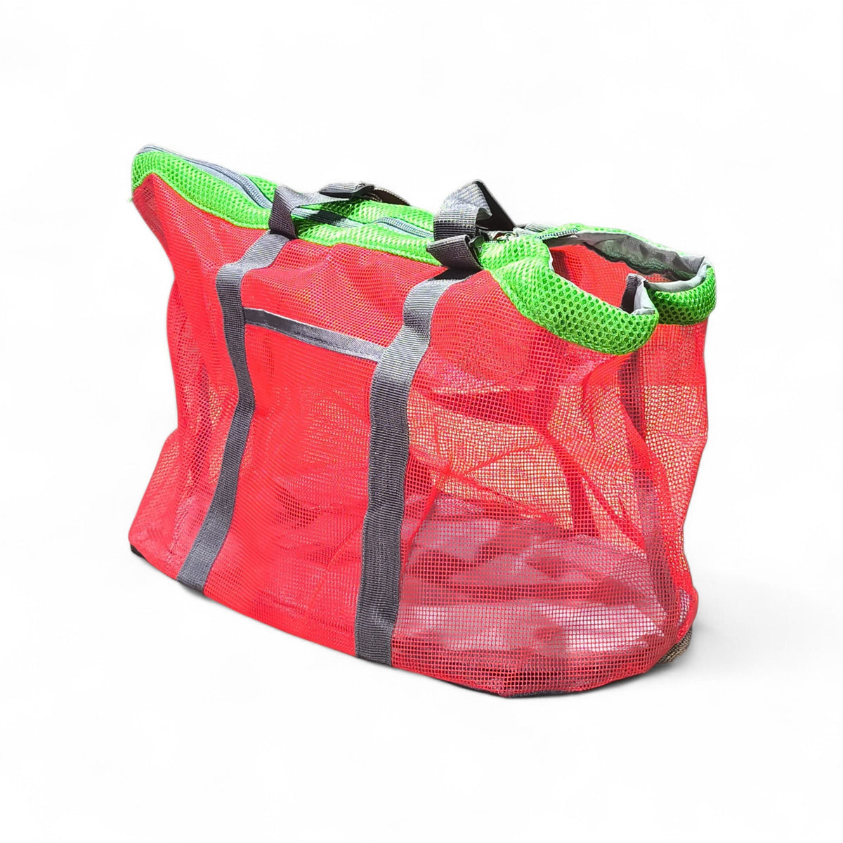 Red mesh beach bag with green trim and grey handles, perfect for carrying toys or wet clothes.