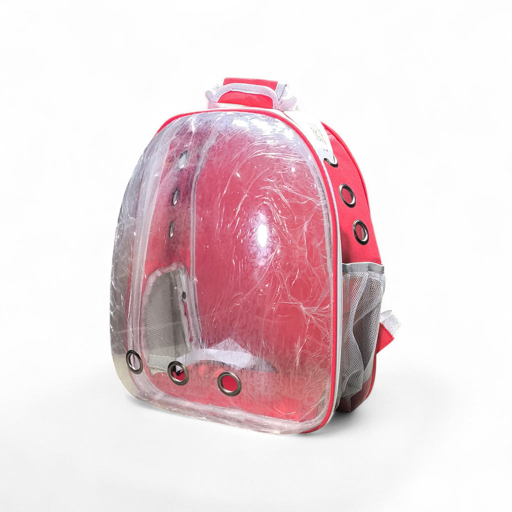 Maroc-animalerie red pet carrier backpack with clear bubble front and mesh side pockets for travel or transport.