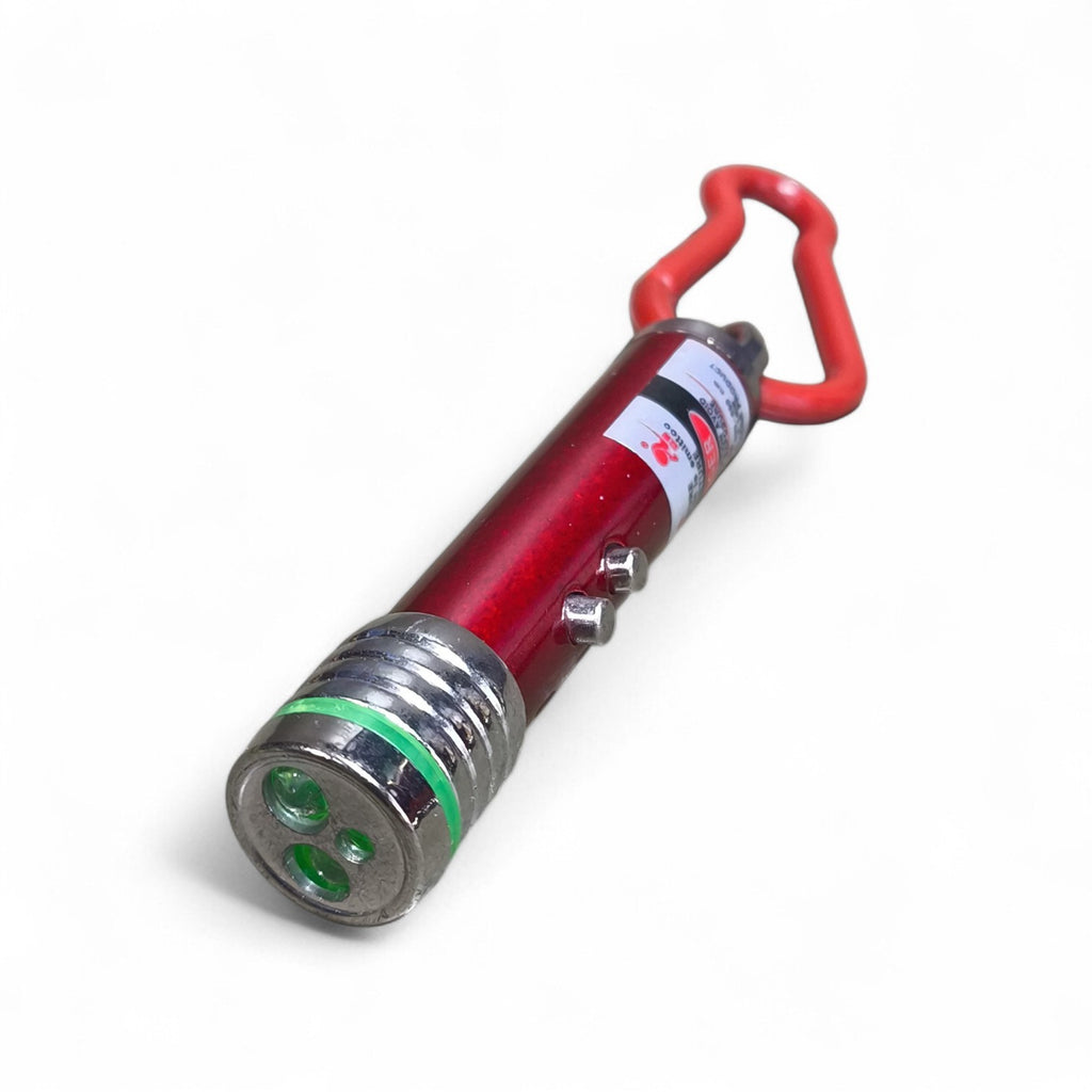 Maroc-animalerie red aluminum alloy pet laser pointer toy with carabiner clip and green accents.