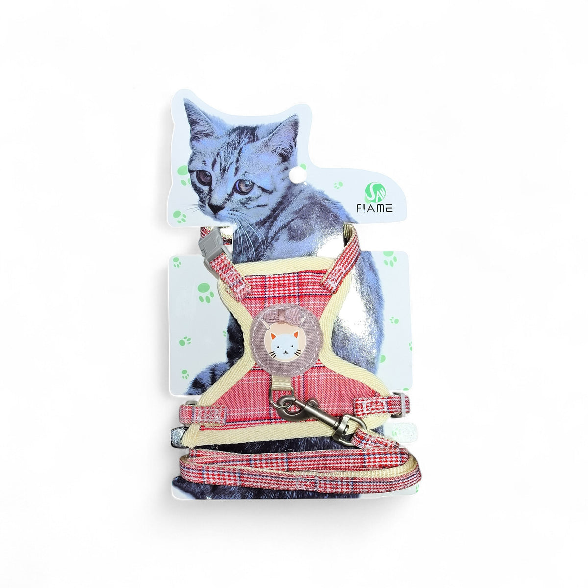 Maroc-animalerie red plaid cat harness with leash and cute cat face detail. Adjustable straps for secure fit.