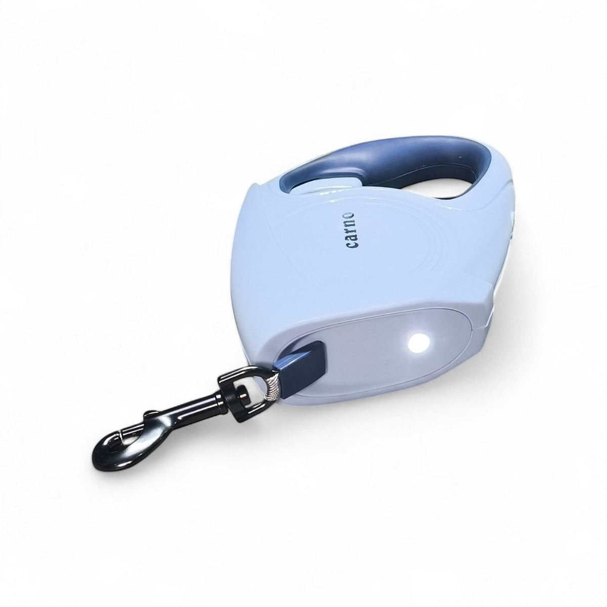 Maroc-animalerie light-up retractable dog leash with blue handle and silver clasp. Ergonomic design for comfortable grip.
