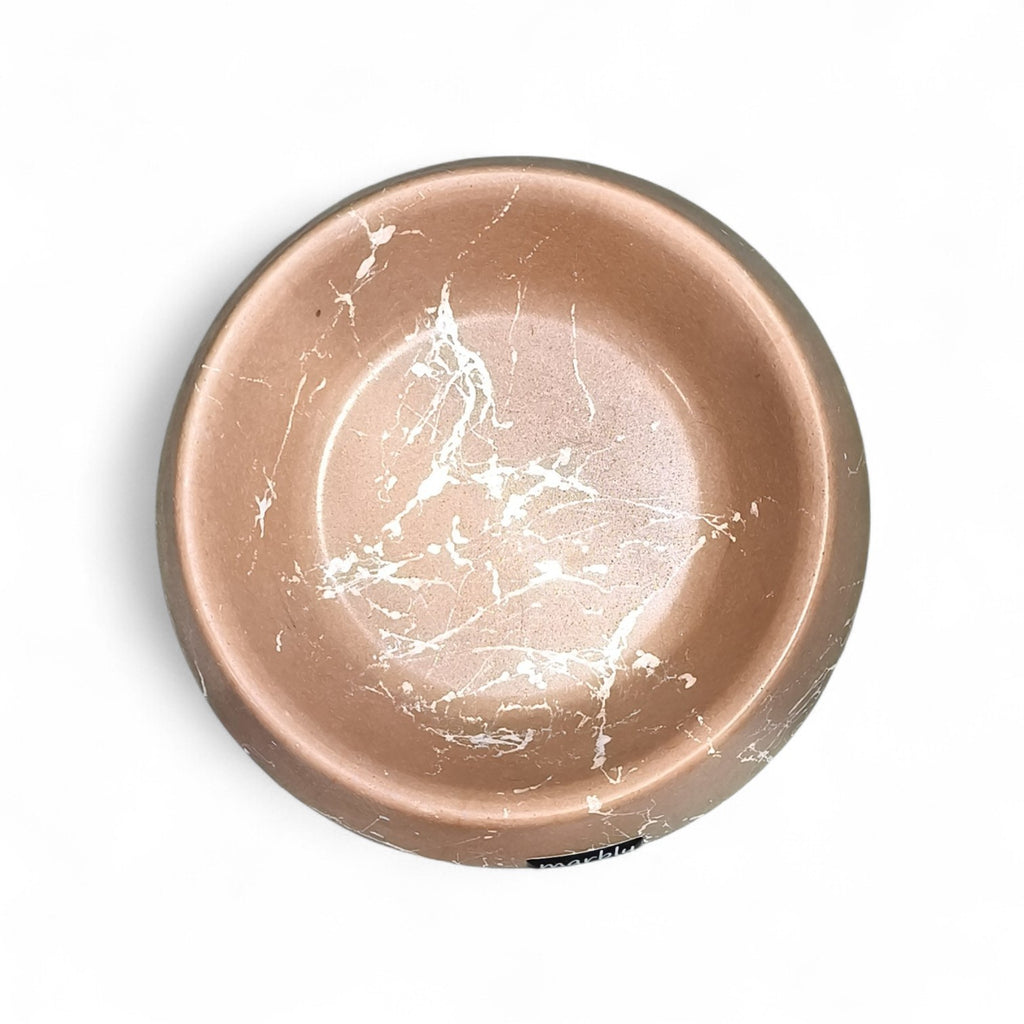 Maroc-Animalerie marbled pet food bowl in rose gold with white veining. Durable and stylish for food or water.
