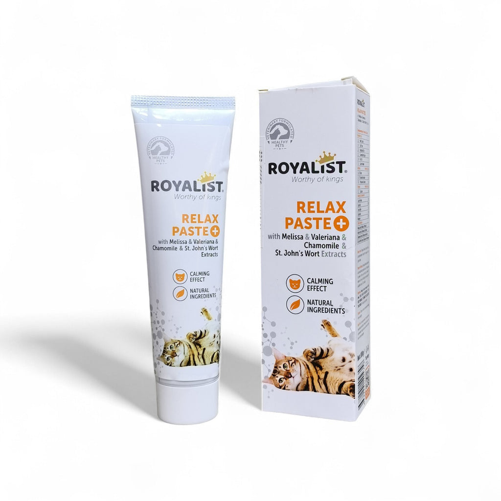 Maroc-animalerie Royalist Relax Paste for cats, calming effect with natural ingredients like Melissa, Valerian, Chamomile, and St. John's Wort extracts.