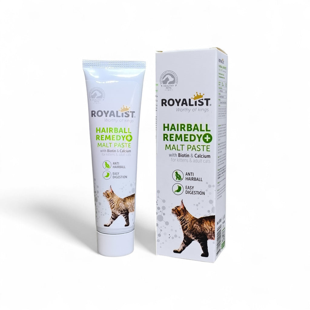 Maroc-animalerie Royalist Hairball Remedy Malt Paste for cats, enriched with Biotin & Calcium for anti-hairball and easy digestion.