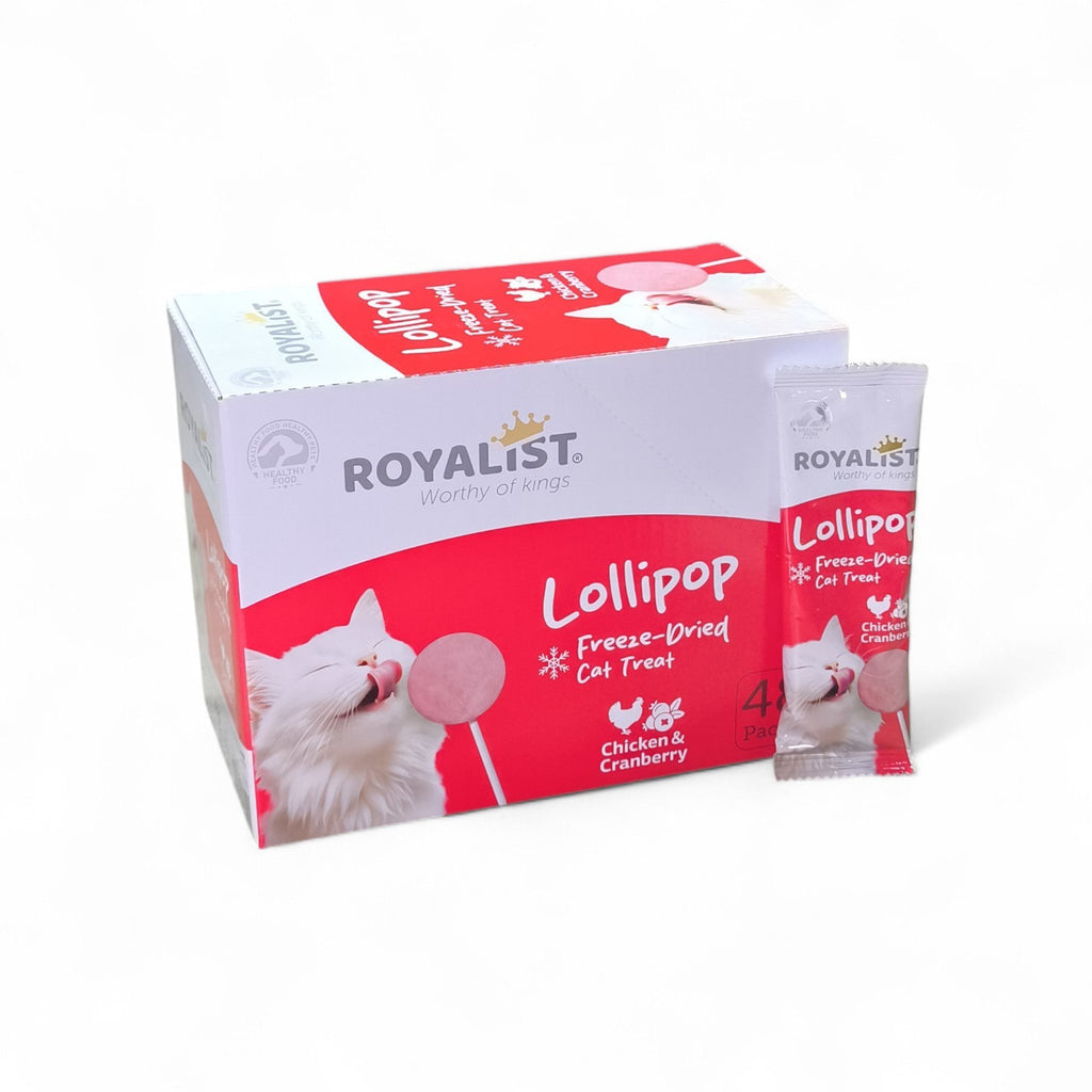 Maroc-animalerie Royalist Lollipop freeze-dried cat treats with chicken & cranberry, unique lollipop shape.