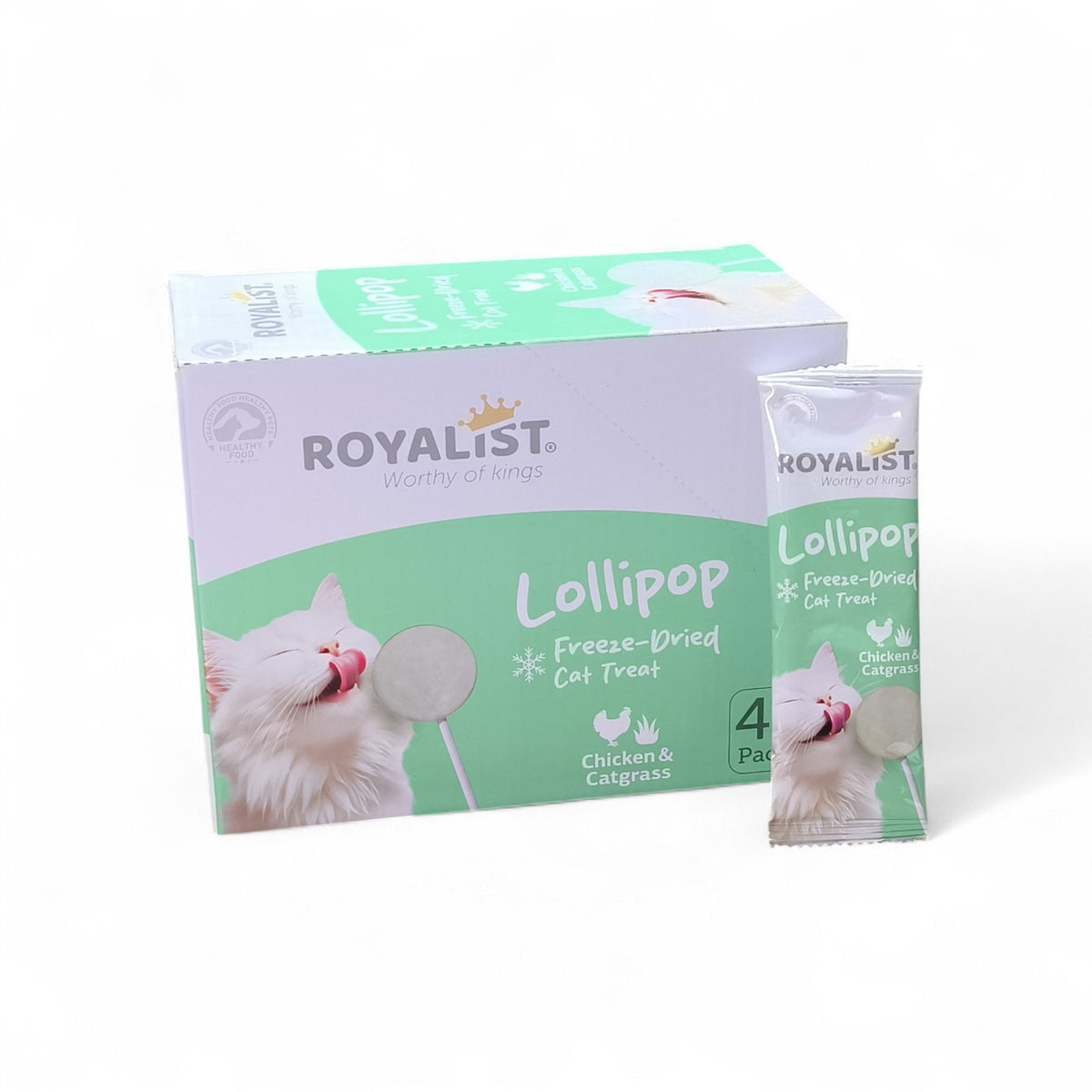 Maroc-animalerie Royalist Lollipop freeze-dried cat treat with chicken and cat grass, single ingredient, fun lollipop shape.