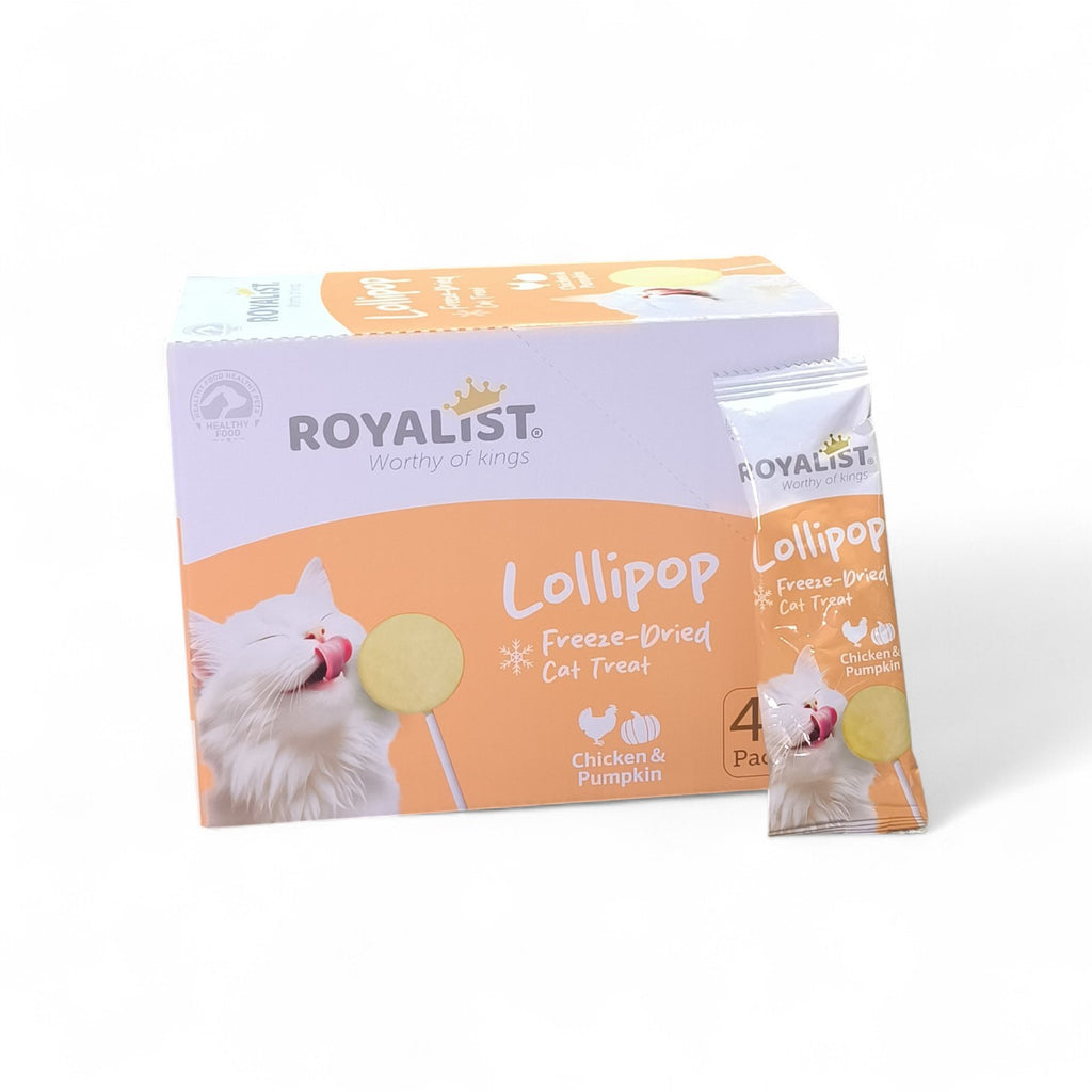 Maroc-animalerie Royalist Lollipop freeze-dried cat treats made with chicken and pumpkin, featuring a white cat licking a yellow lollipop treat.