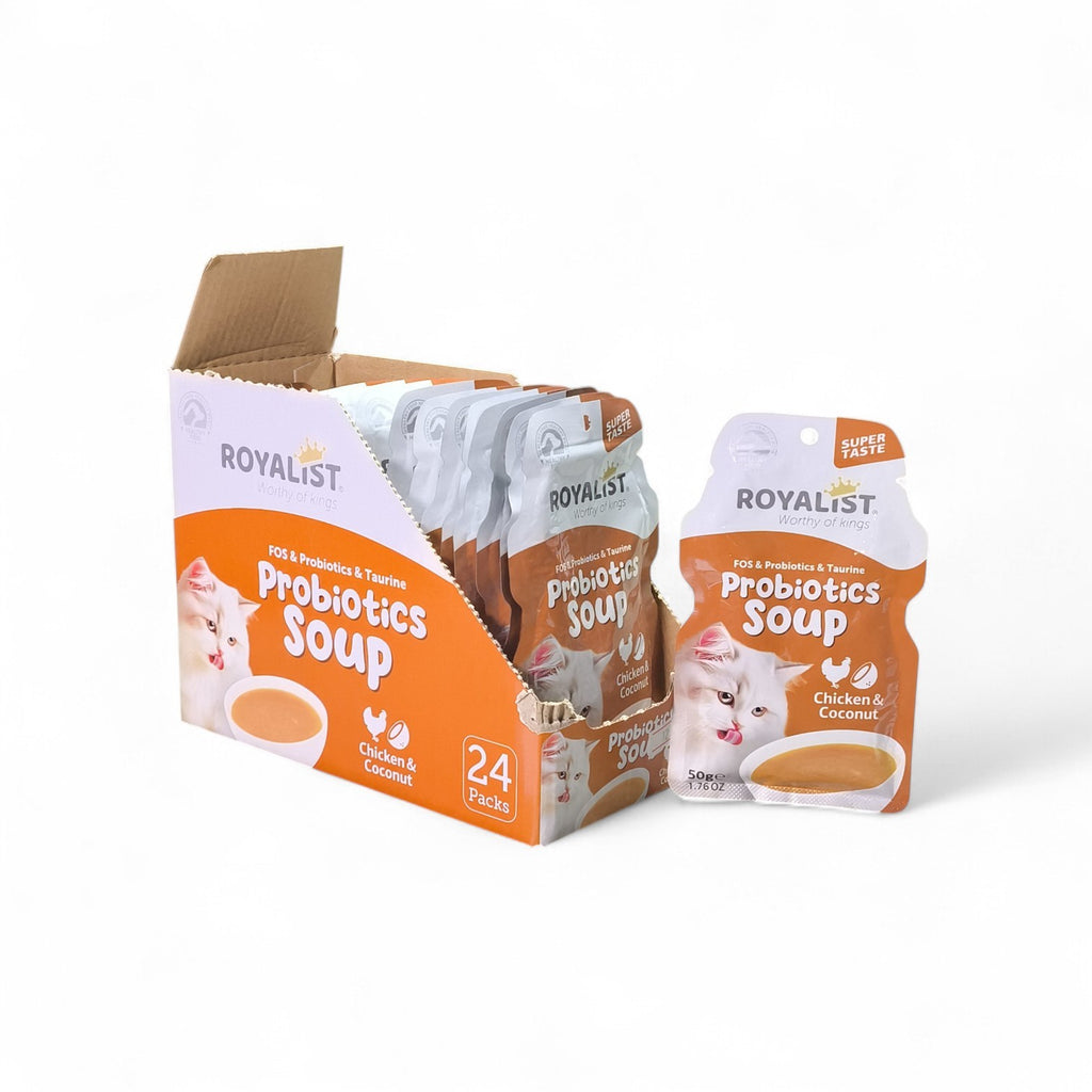maroc-animalerie Royalist Probiotics Soup for cats, chicken & coconut flavor, FOS & Taurine enriched for digestive health.