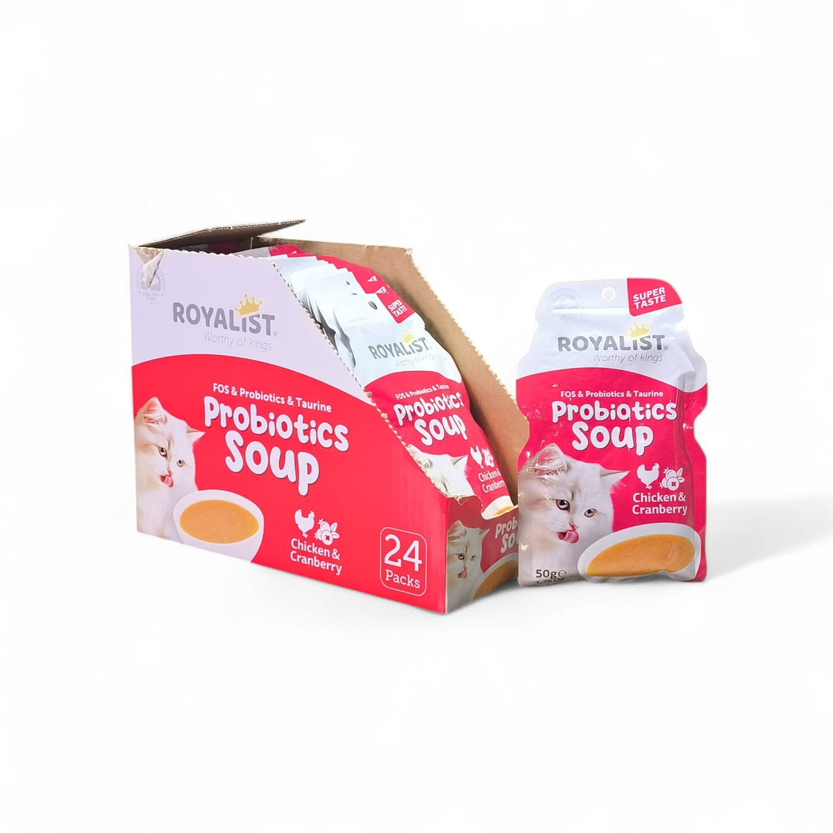 Maroc-animalerie Royalist Probiotics Soup Chicken & Cranberry 24 packs for cats, FOS & Taurine enriched for digestion and immunity.