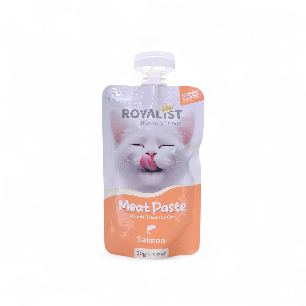 Maroc-animalerie Royalist Salmon Meat Paste lickable treat for cats in a pouch with a cute cat licking its lips.